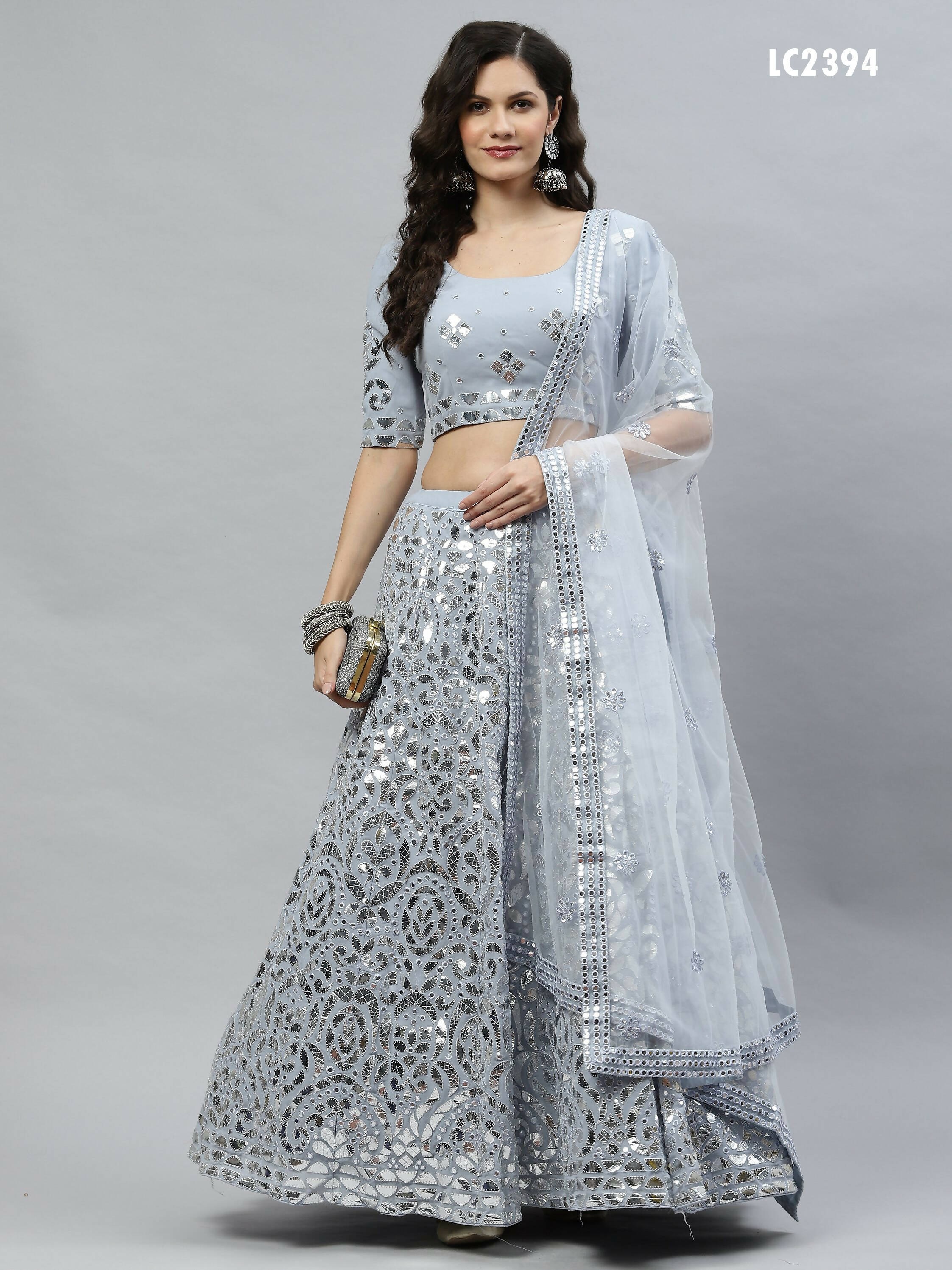Sky Blue Georgette Paper Mirror Embroidery Work Lehenga Choli with Dupatta - Jivika - Distacart