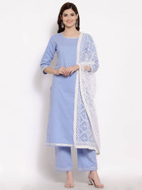 Thumbnail for Myshka Beautiful Women's Blue Cotton 3/4 Sleeve Round Neck Solid Casual Kurta Pant Dupatta Set