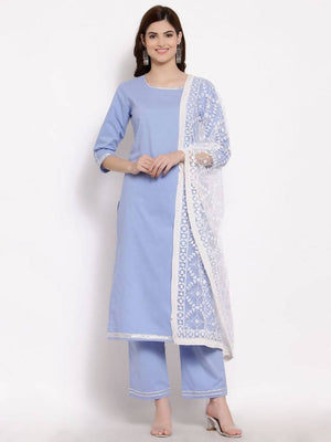 Myshka Beautiful Women's Blue Cotton 3/4 Sleeve Round Neck Solid Casual Kurta Pant Dupatta Set