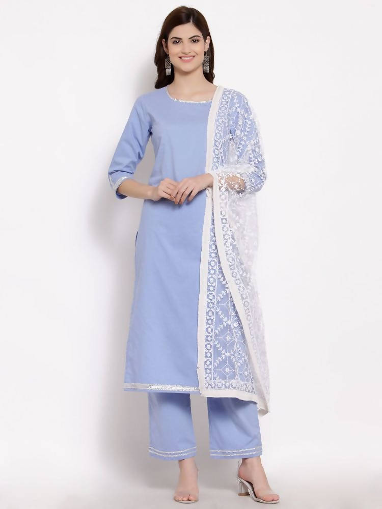 Myshka Beautiful Women&#39;s Blue Cotton 3/4 Sleeve Round Neck Solid Casual Kurta Pant Dupatta Set
