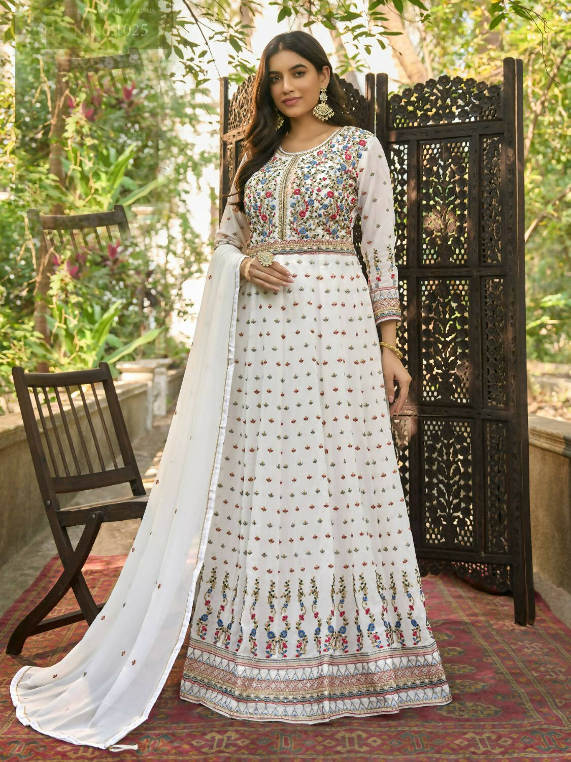 White Heavy Faux Georgette Anarkali Embroidered Kurta Set - Dhvani - Distacart