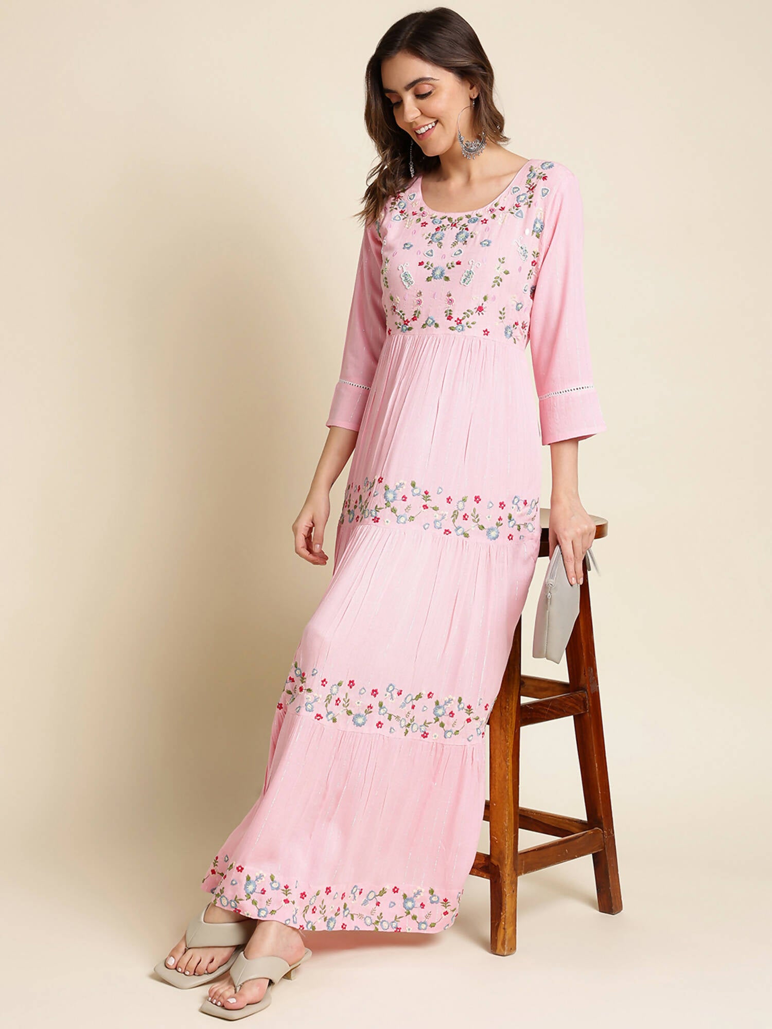 Pink Chinon Floral Embroidered Dress - Nandani - Distacart