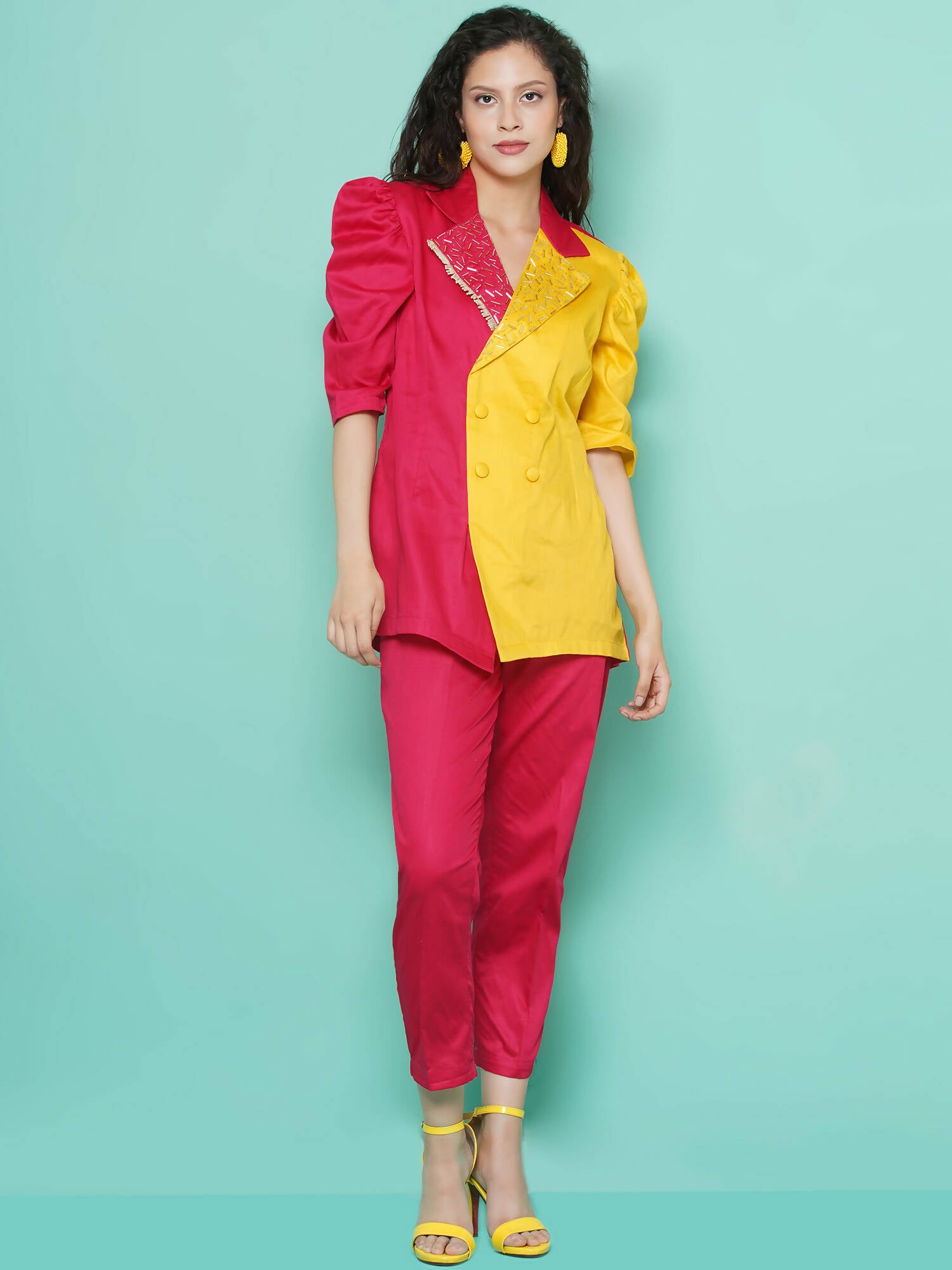 Women Republic Pink And Yellow Cotton Silk hand Embellished Coord set with Pouch - Distacart
