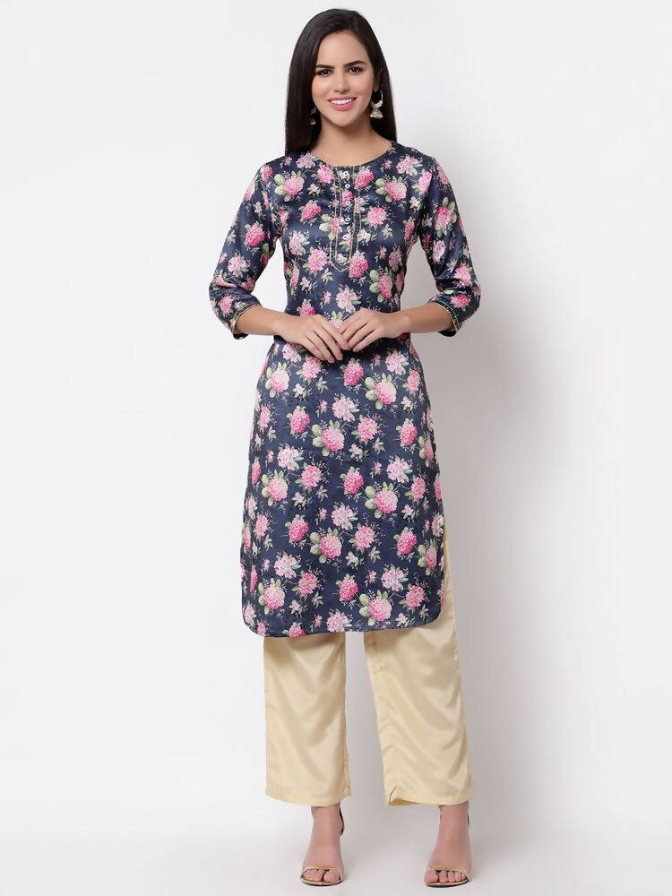 Myshka Silk Printed 3/4 Sleeve Round Neck Casual Blue Women's Kurta