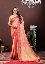 Thumbnail for Lorenvalley Fashion Peach Cotton Woven Design with Zari Weaving Design Saree - Distacart