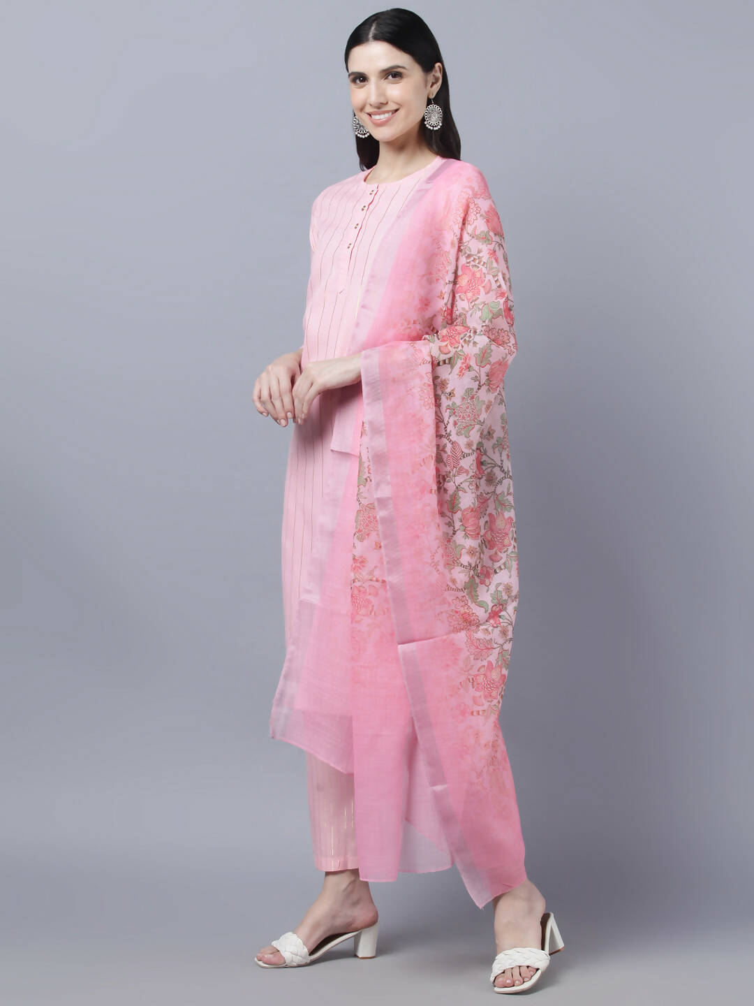 Myshka Women Pink Panelled Pure Cotton Kurta with Trousers With Dupatta Set - Distacart
