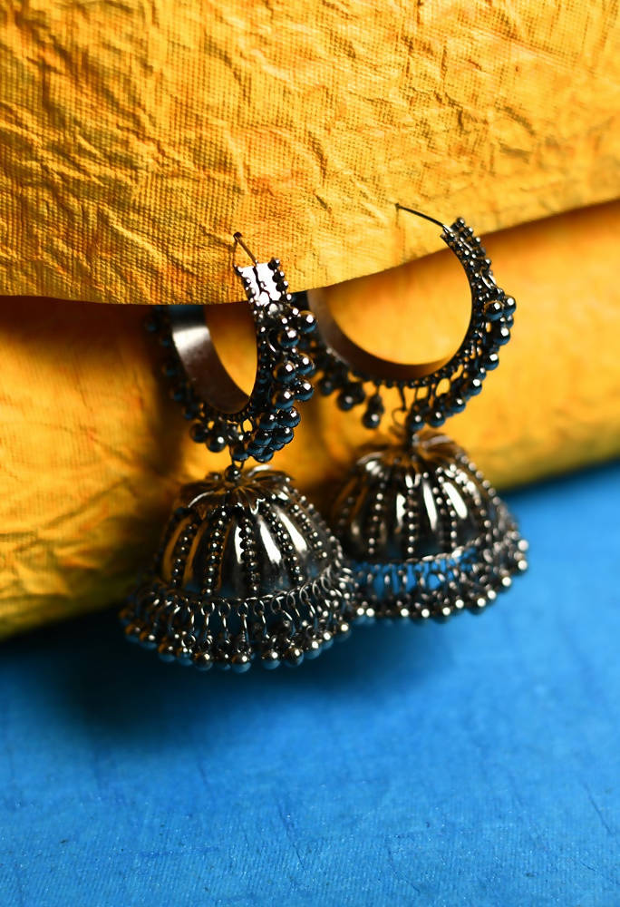 Tehzeeb Creations Black Colour Oxidised Earrings With Jhumki Style