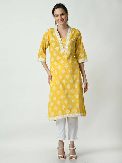 Myshka Women's Yellow Straight Printed Kurta - Distacart
