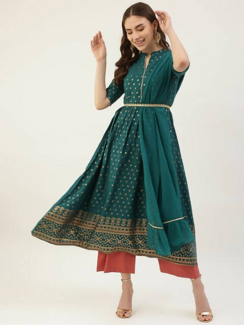 FIORRA Women's Turquise Poly Crepe Flared Kurta With Dupatta - Distacart