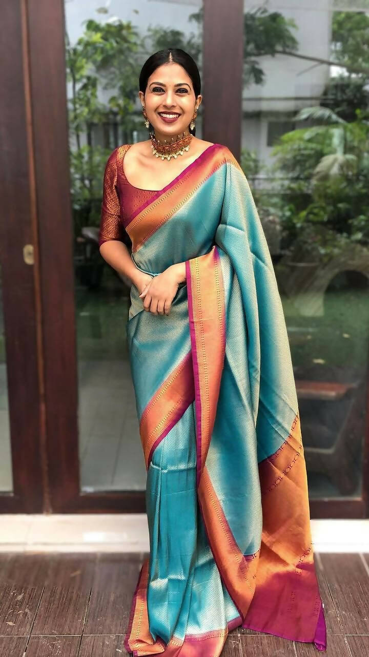 DEIANA'S Beautiful Golden Jari with New Design Soft Lichi Silk Saree - Sky Blue - Distacart
