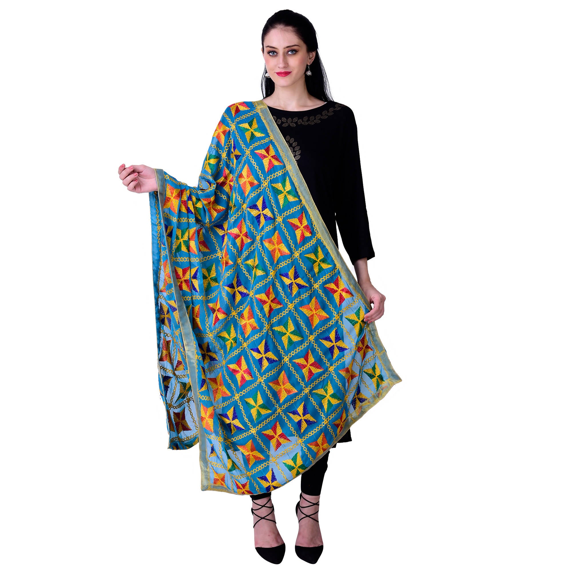 SWI Stylish Women's Embroidered Phulkari Chiffon Turquoise Dupatta