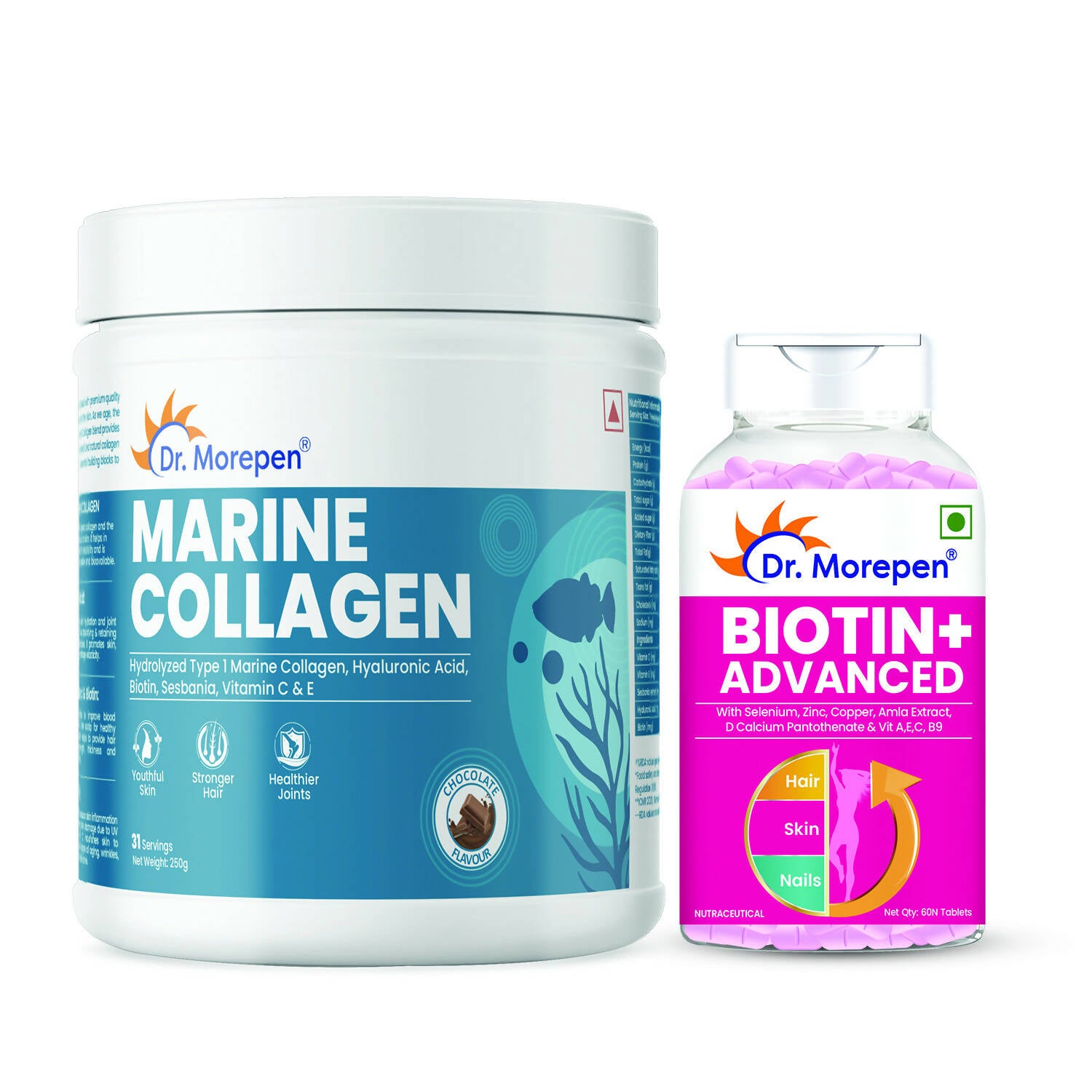 Dr. Morepen Biotin+ Advanced Tablets and Marine Collagen Protein Powder Chocolate Flavour Combo - Distacart