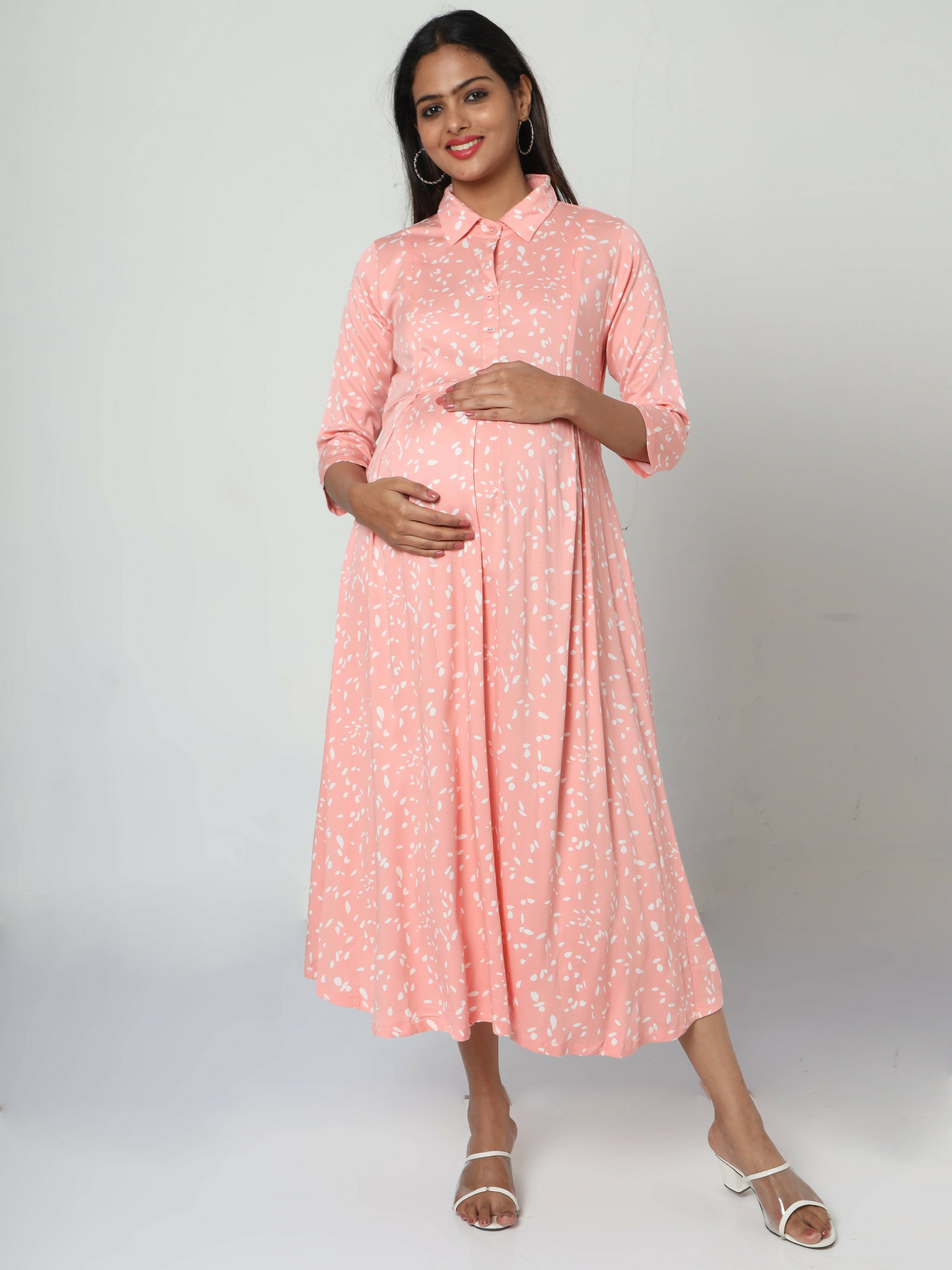Manet Three Fourth Maternity Dress White Dot Print With Concealed Zipper Nursing Access - Pink - Distacart