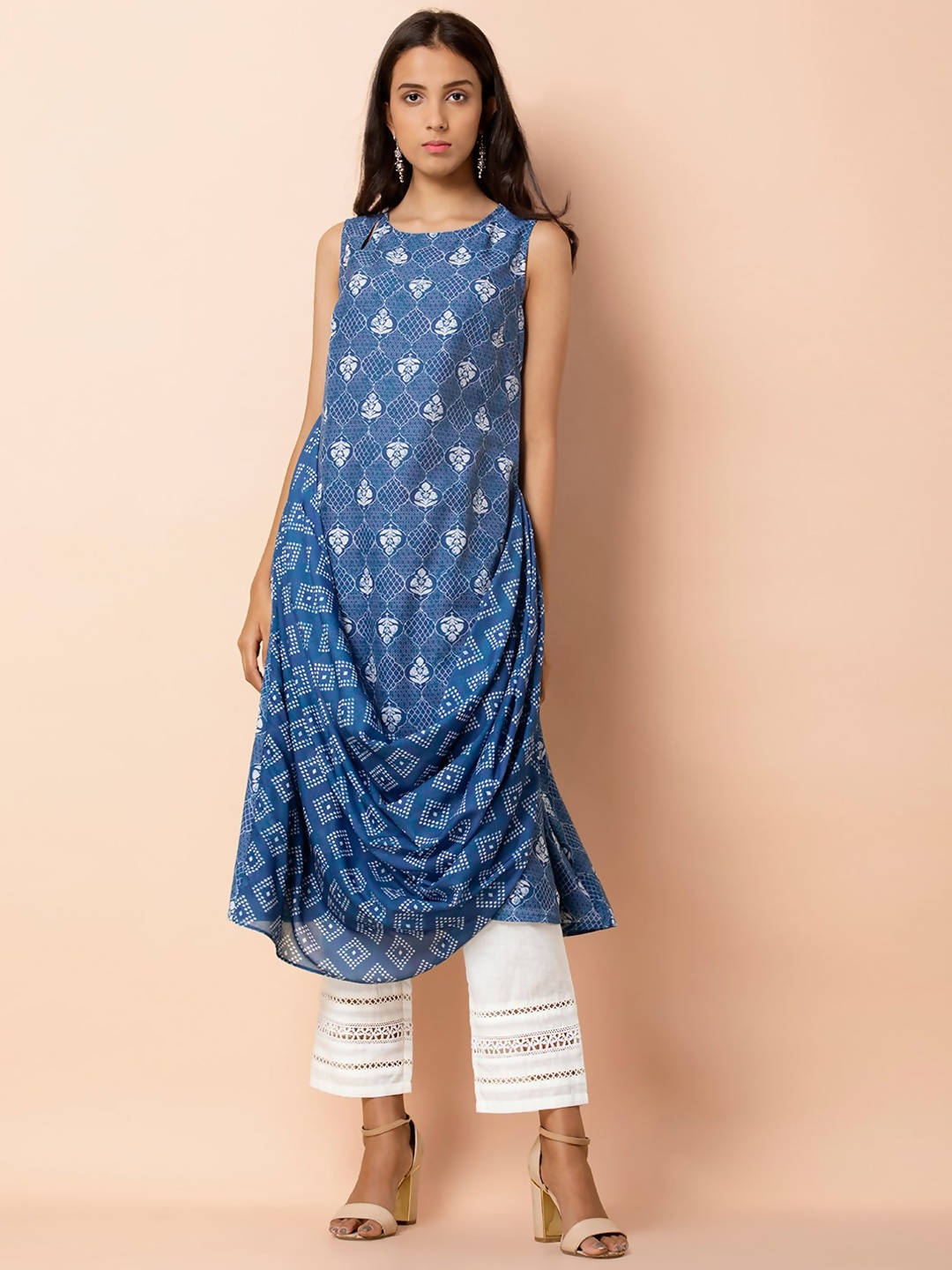 Indya Blue & White Printed A-Line Kurta - Distacart
