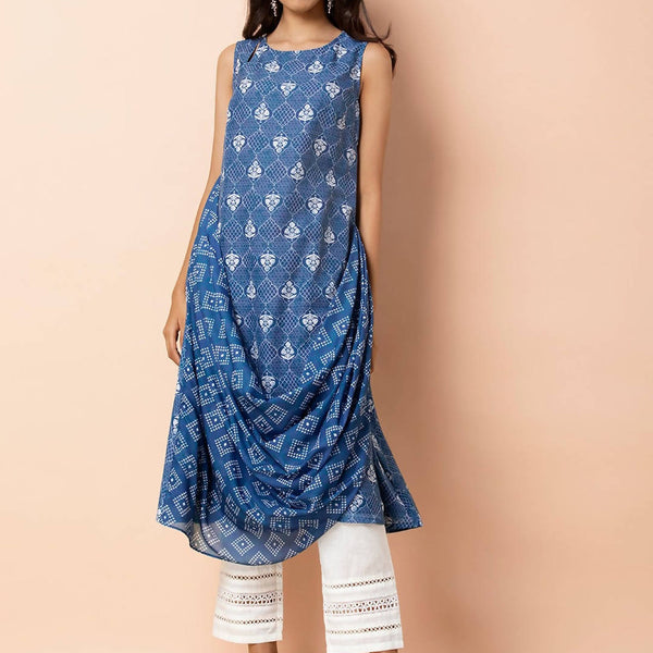 Indya Blue & White Printed A-Line Kurta - Distacart