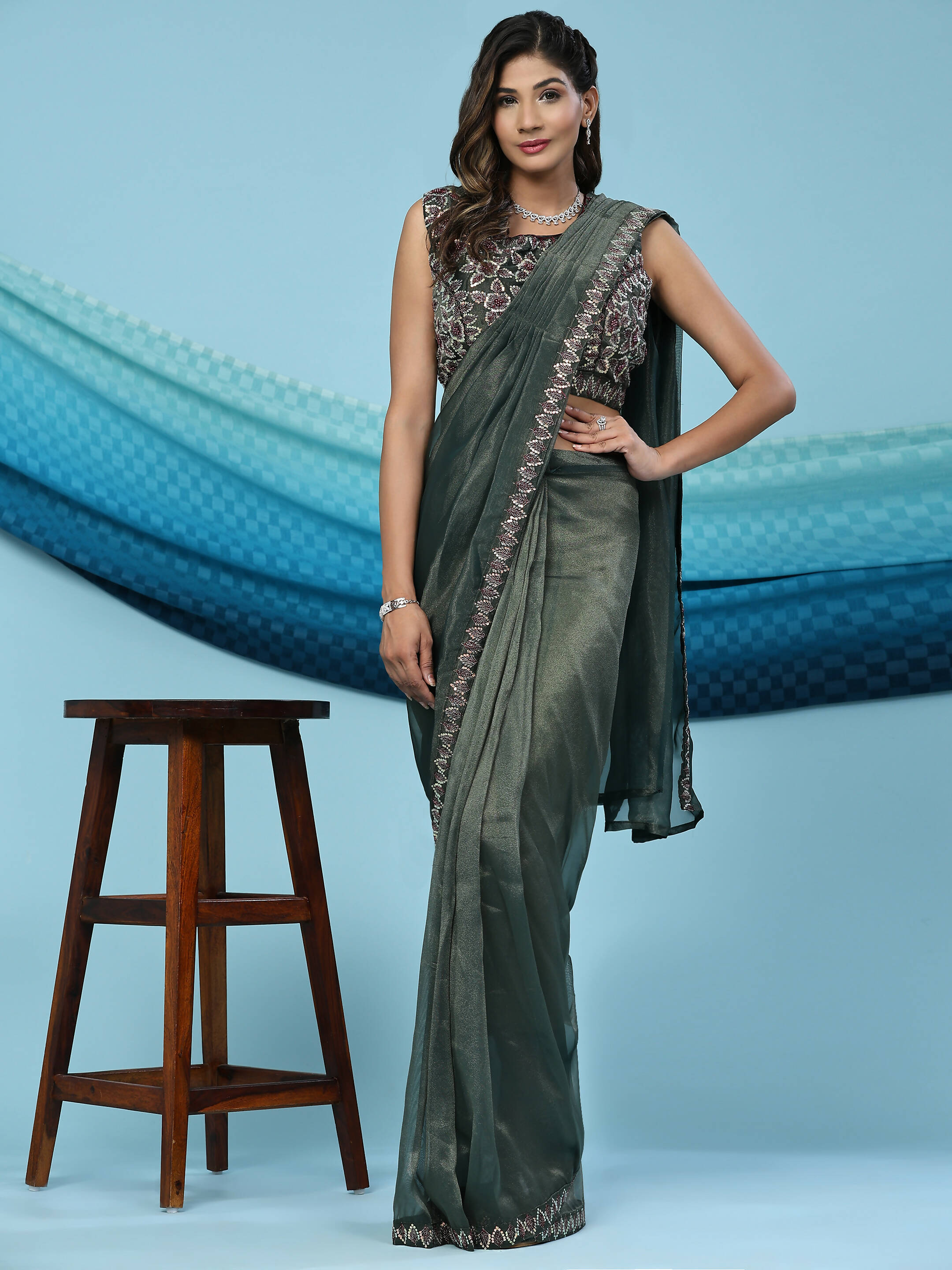 Green Lycra Shimmer Pattern Ready to Wear Saree with stitched Blouse - Nirvana - Distacart