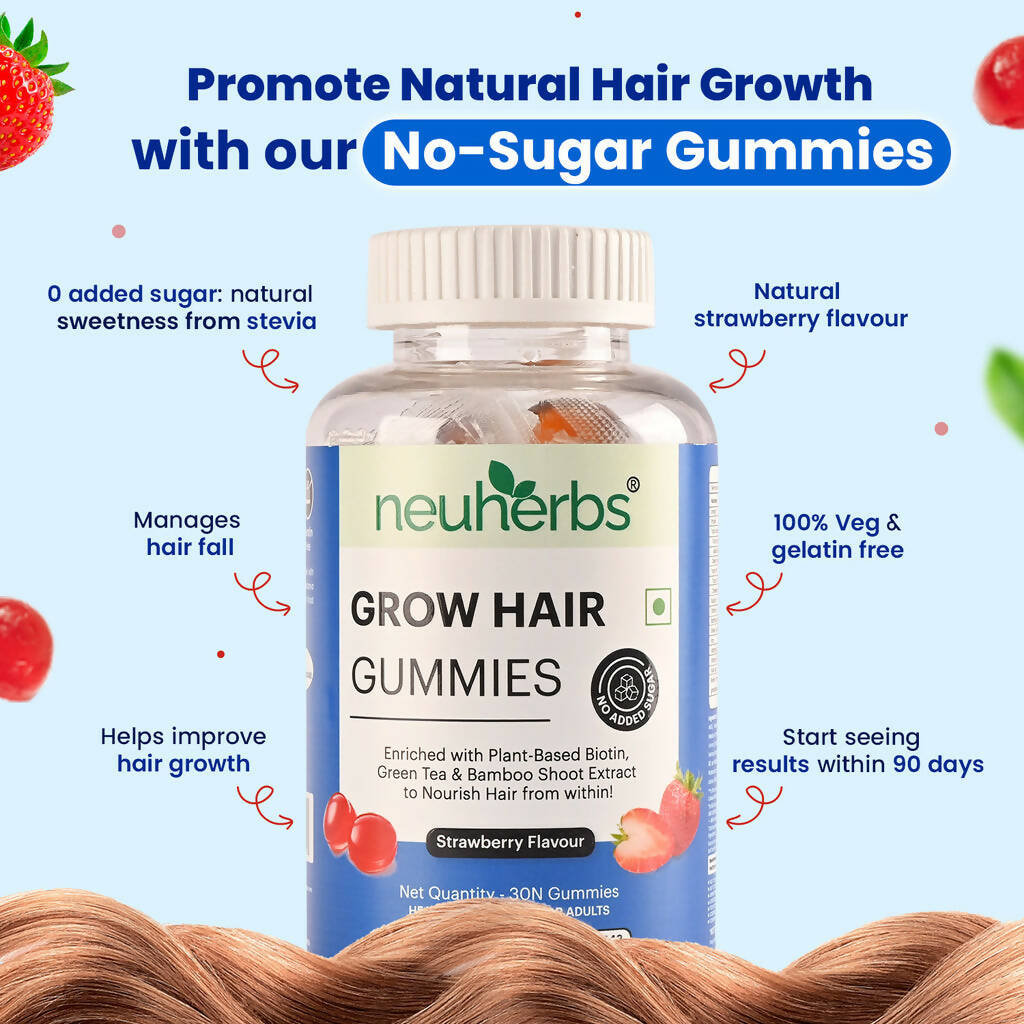 Neuherbs Grow Hair Gummies (No Added Sugar) - Strawberry Flavor - Distacart