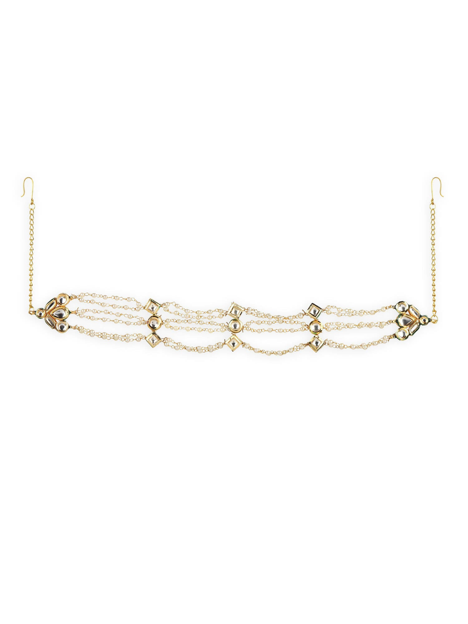 Gold-Plated White Kundan-Studded Pearl Head Chains - Ruby Raang - Distacart