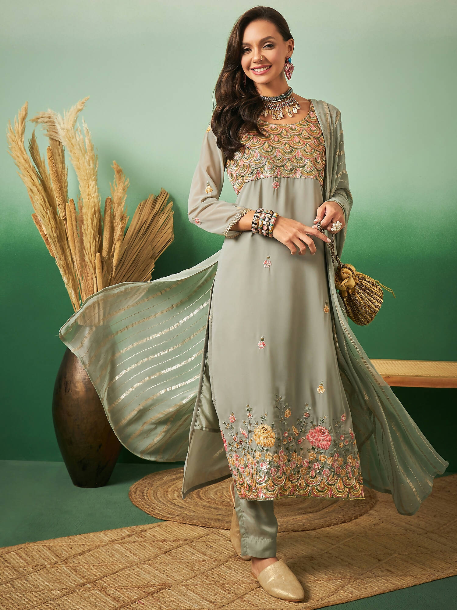 Light Green Georgette Handwork Unstitched Dress Material - Hanika - Distacart