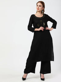 Thumbnail for Cheera Women's Black Rayon Slub Kurta Palazzo Organza Silk Dupatta Set - Distacart