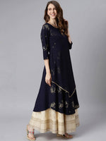 Thumbnail for Janasya Navy Blue Quirky Embellished Crepe Anarkali Kurta - Distacart