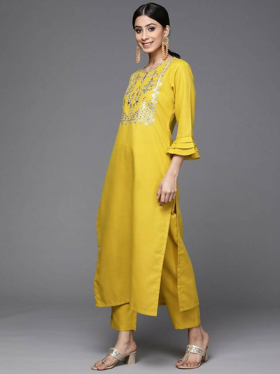 Varanga Women Mustard Yellow Yoke Design Mirror Work Cotton Kurta With Trousers & Dupatta - Distacart