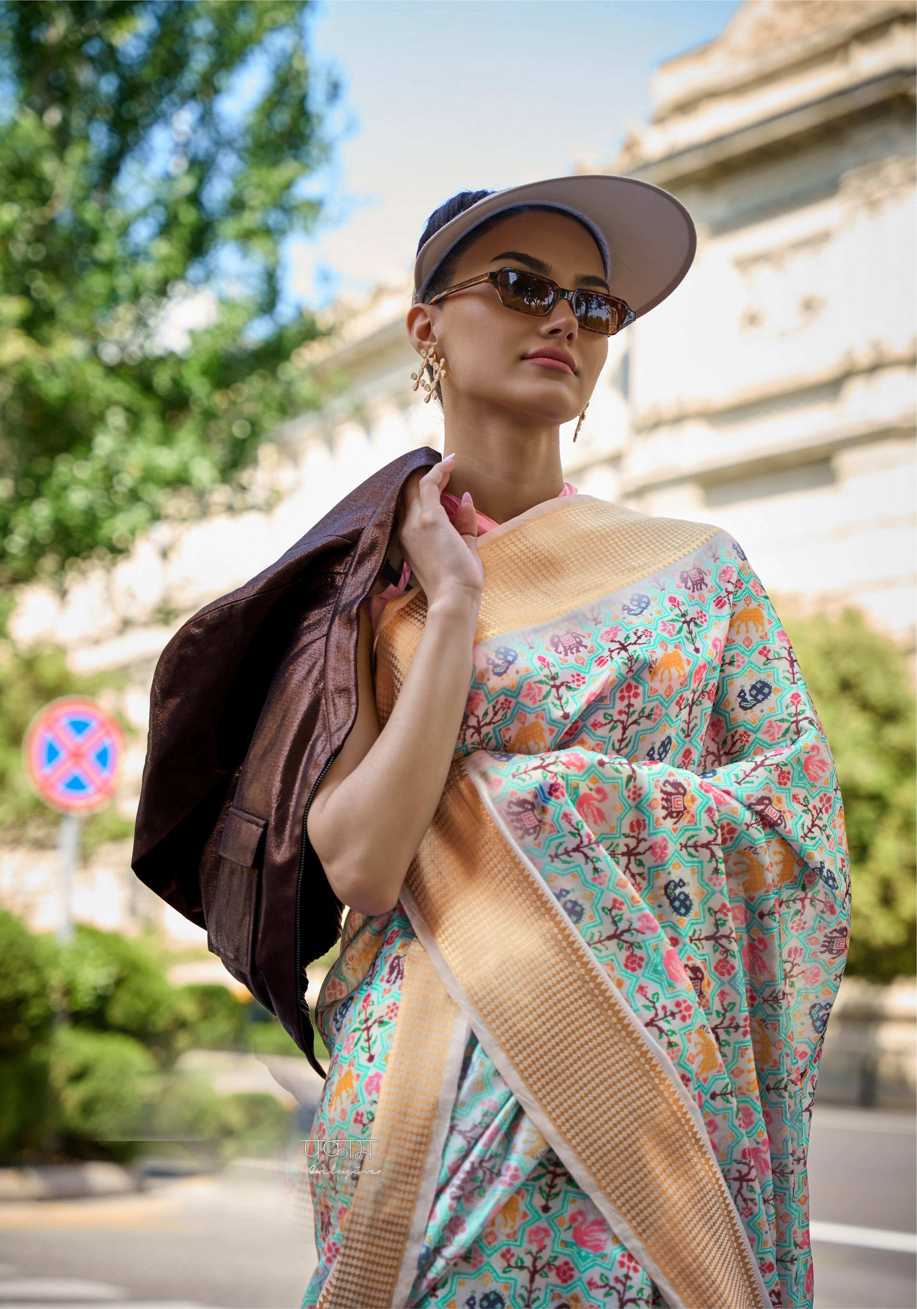 Sea Green Satin Organza Floral Woven Design Saree With Unstitched Blouse Piece - Klay's - Distacart