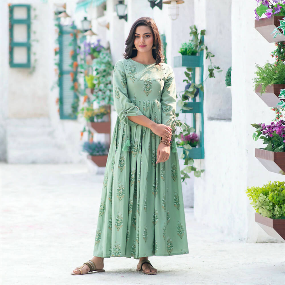 Partywear Designer Digital Printed Moss Green Pure Maslin Gown - Anbazaar - Distacart