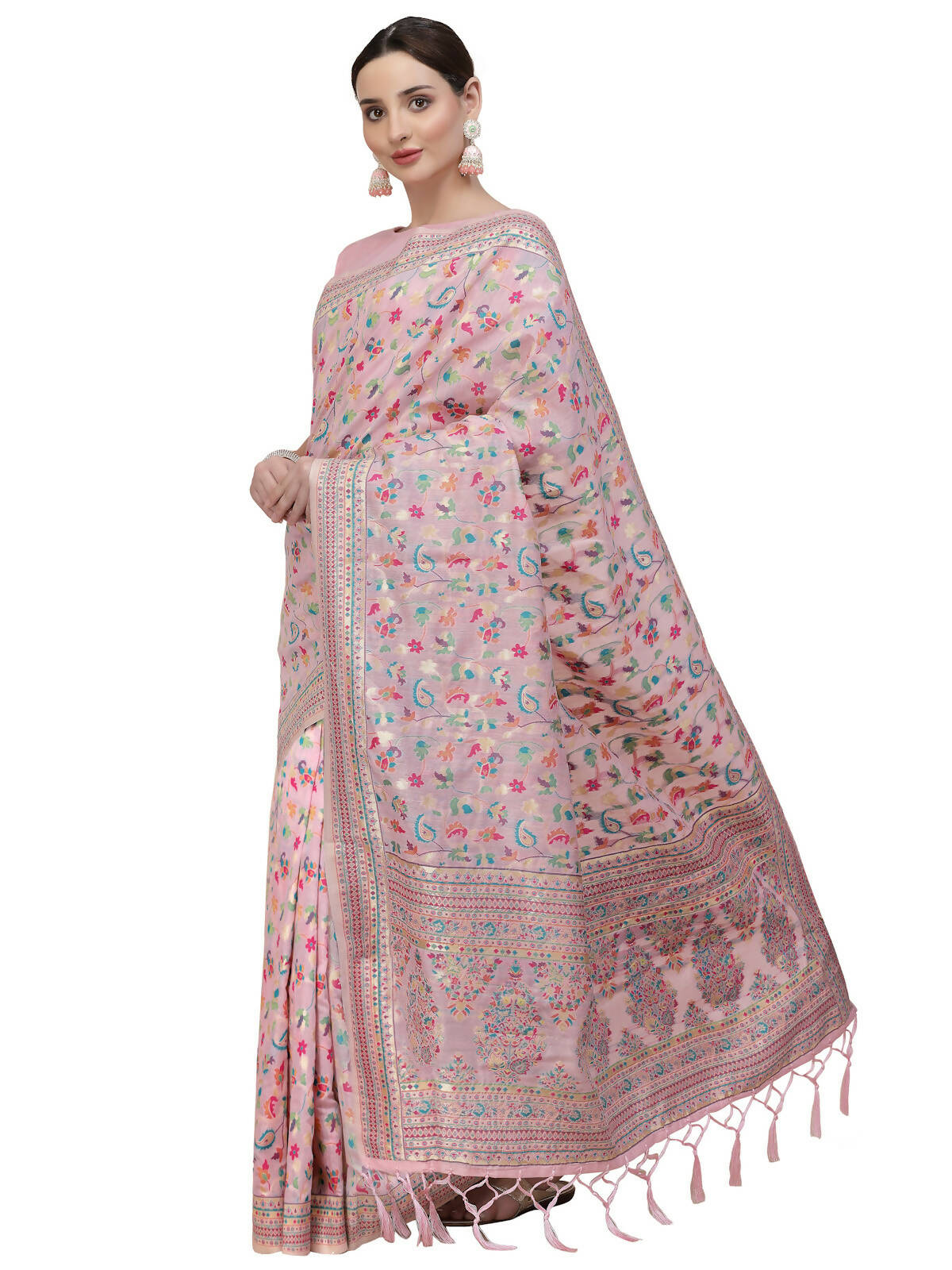 Light Pink Silk Blend Woven Design Saree With Unstitched Blouse Piece - Aloki - Distacart