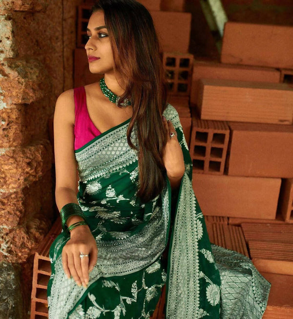DEIANA'S Beautiful Golden Jari with New Design Soft Lichi Silk Saree - Green - Distacart