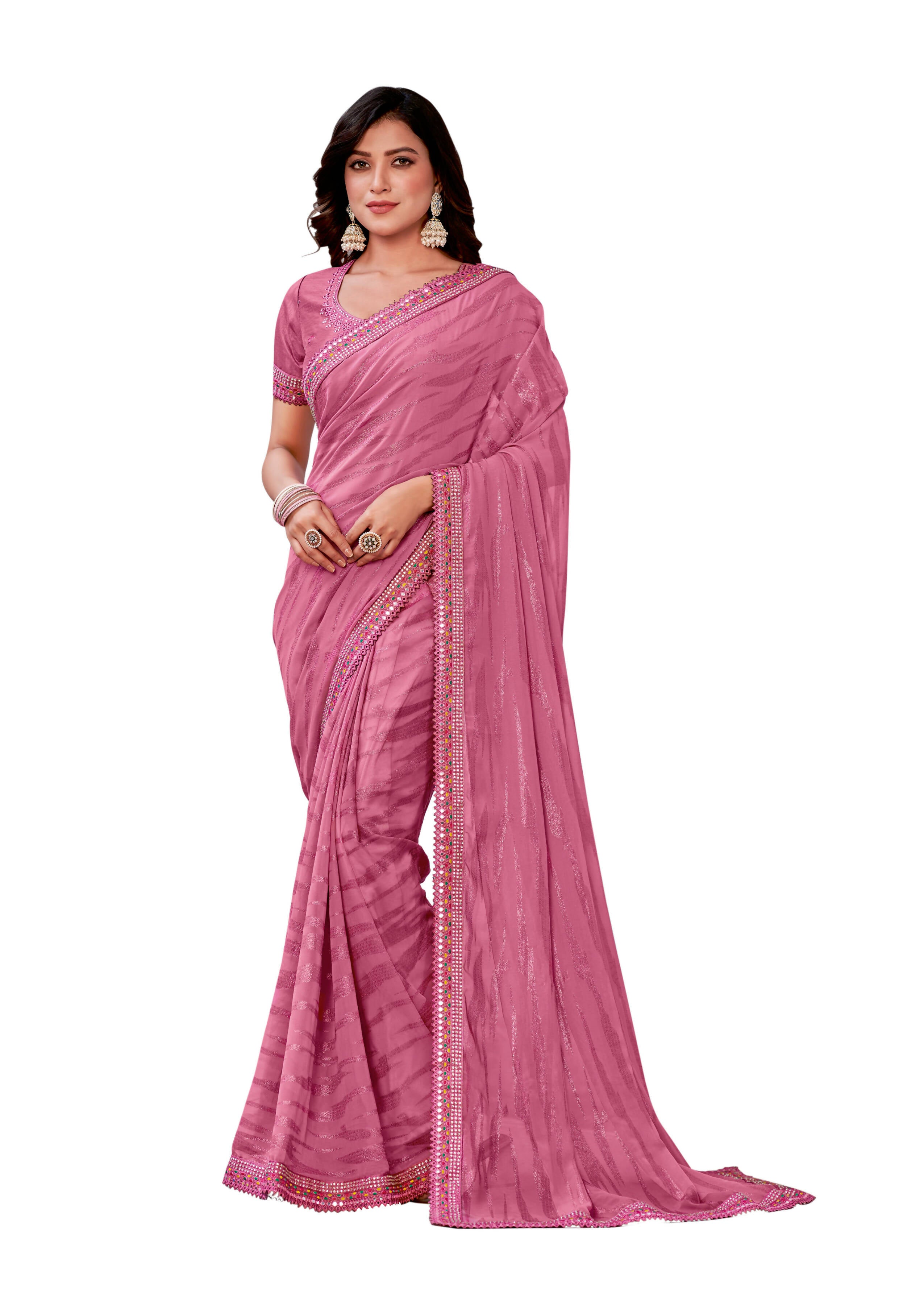 Pink Georgette Zari Jacquard Embroidered Border With Mirror Work Saree With Unstitched Blouse Piece - Norita Zaina - Distacart