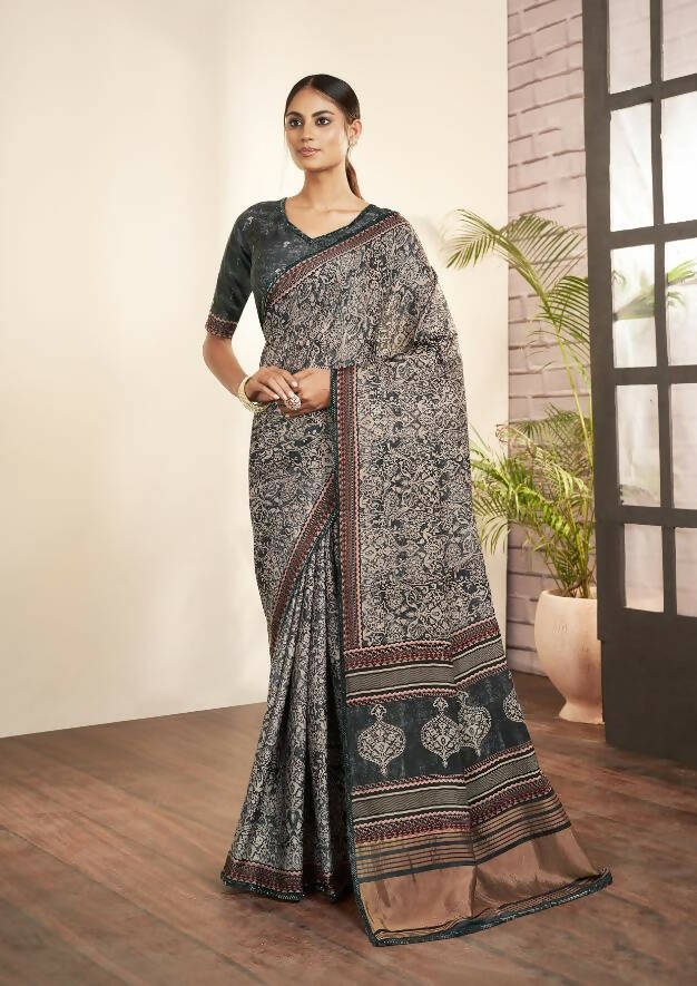 Grey Gajji Silk Paisley Print with Hand work Border Saree - Norita Nirvi - Distacart