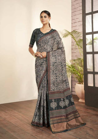 Grey Gajji Silk Paisley Print with Hand work Border Saree - Norita Nirvi - Distacart