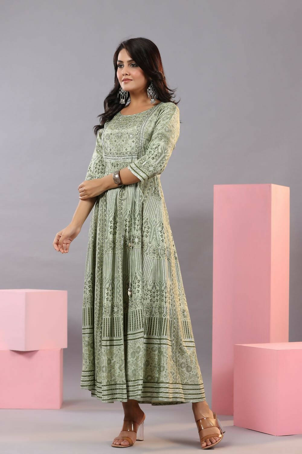Juniper Women Olive Green Shantoon Floral Printed Maxi Dress - Distacart