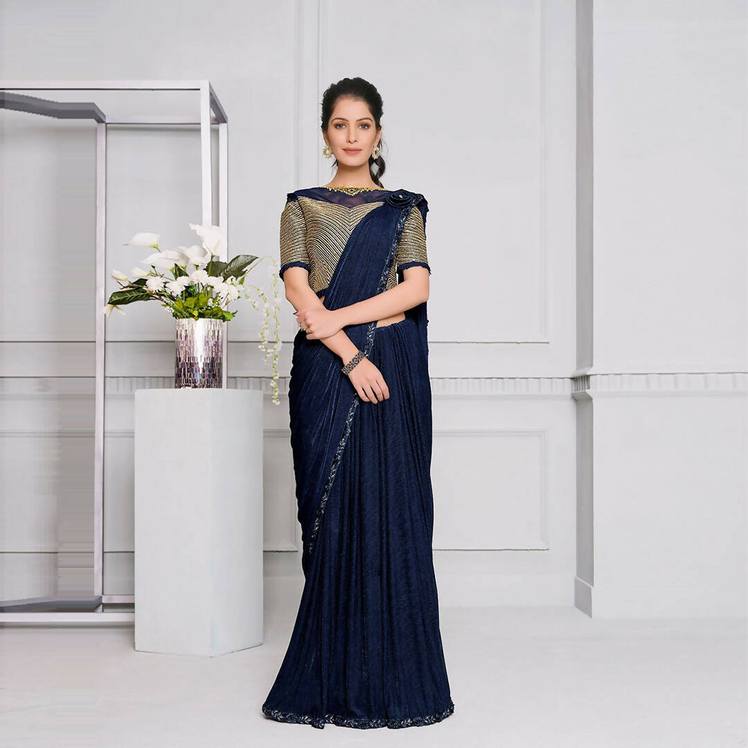 Navy Blue Lycra Cord And Sequins Embriodery Saree - Mohmanthan Izzara - Distacart