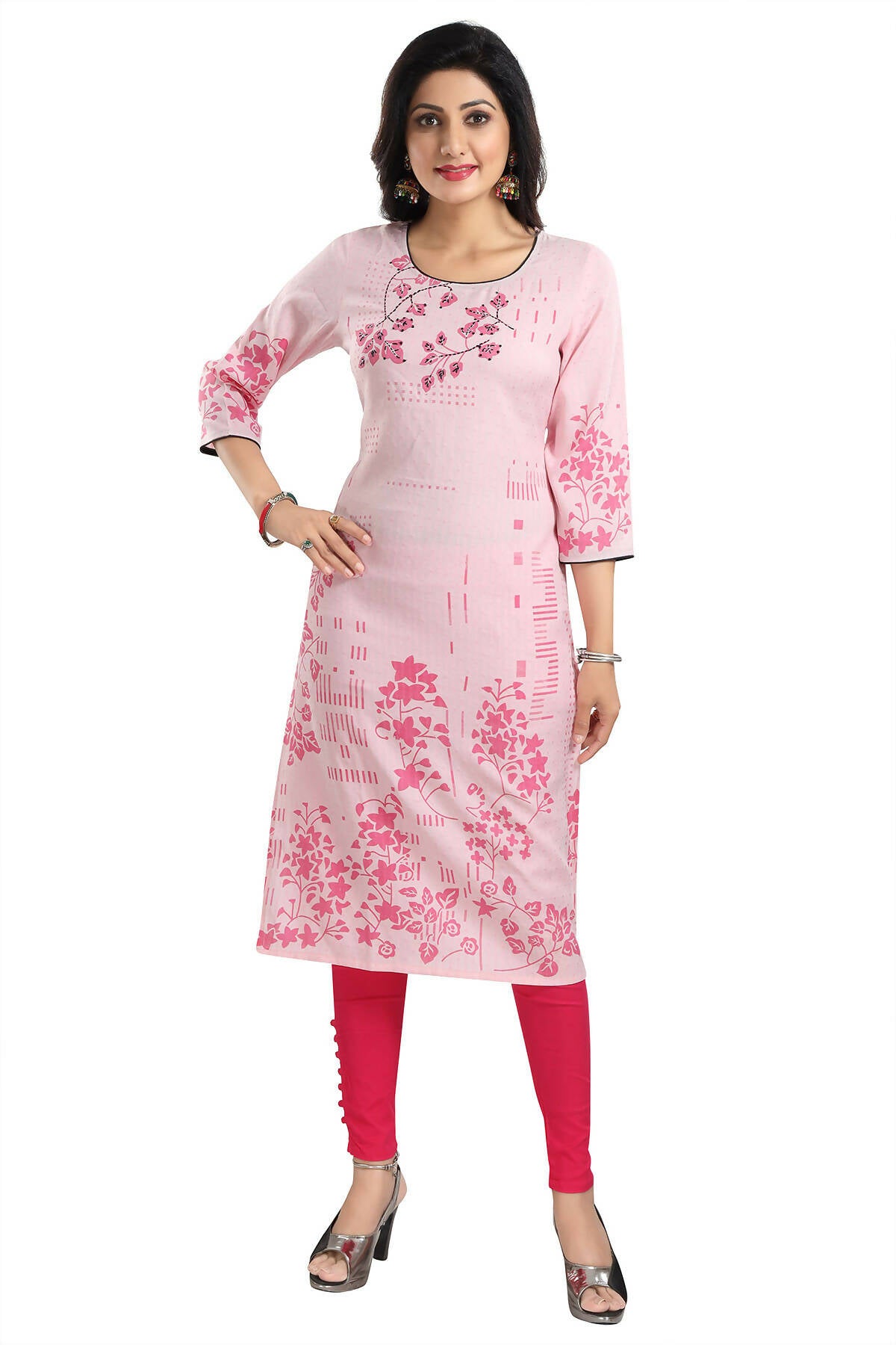 Snehal Creations Pretty Pink Rayon Textured Print Long Kurta For Women - Distacart