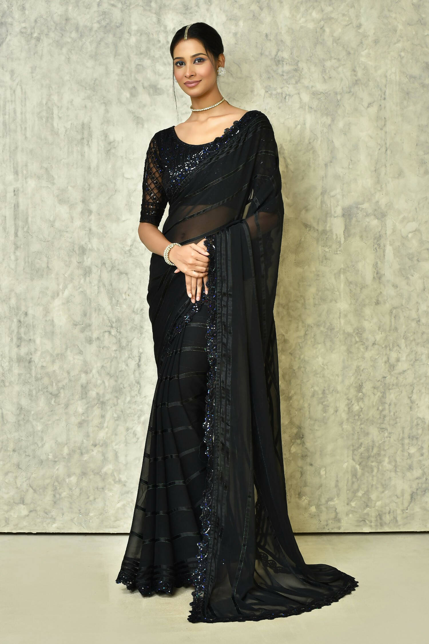 Black Silk Stripe Saree With Blouse Piece - Purvi - Distacart