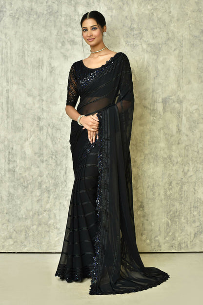 Black Silk Stripe Saree With Blouse Piece - Purvi - Distacart
