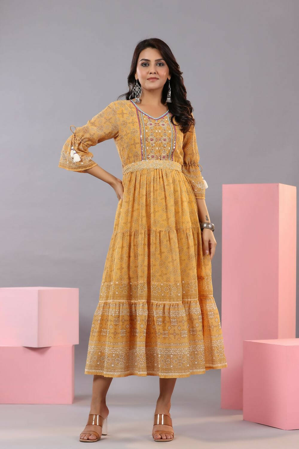 Juniper Women Yellow Georgette Geometric Printed Tiered Maxi Dress - Distacart