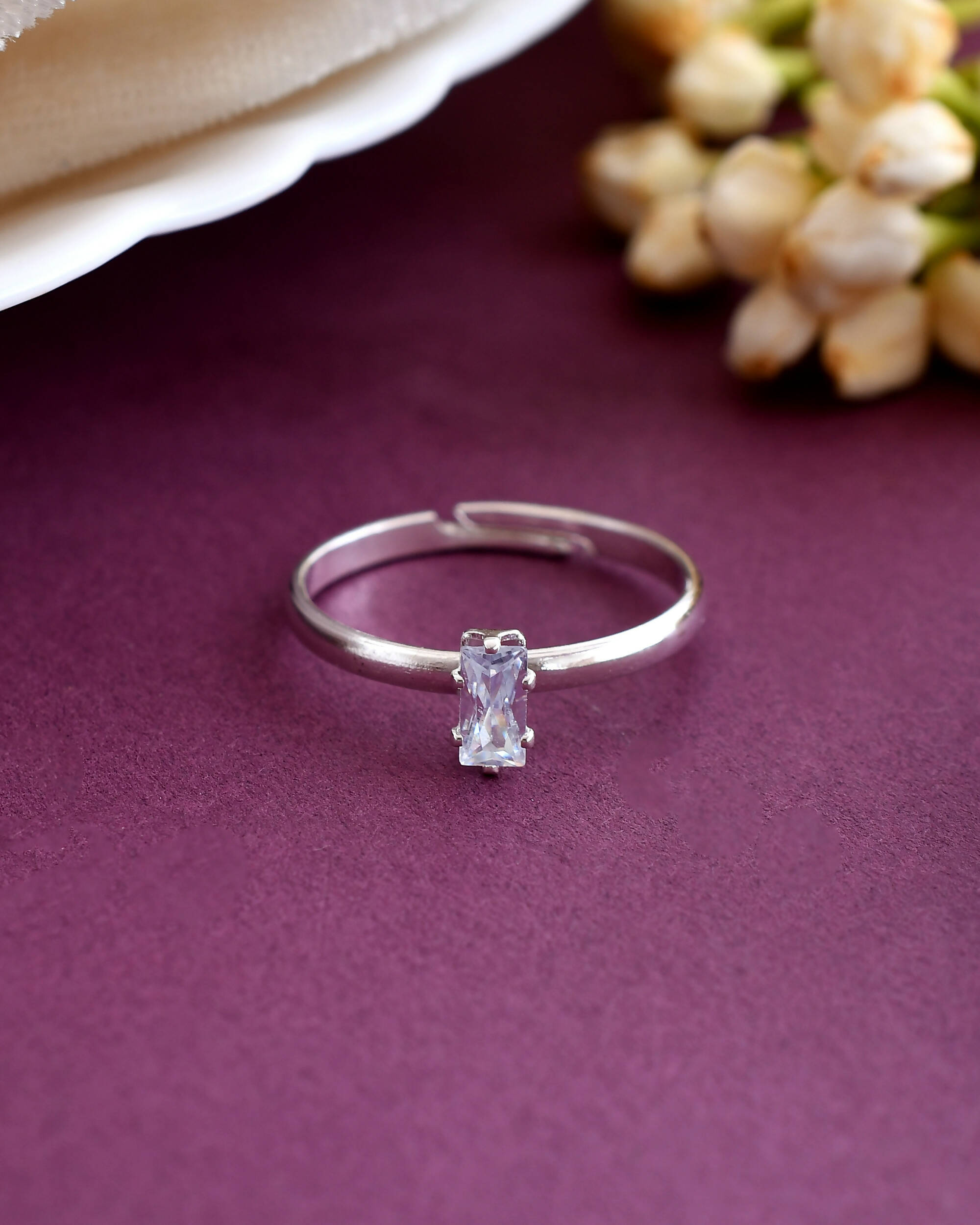 VOJ white CZ-detail Stainless Steel Cubic Zirconia Silver Plated adjustable finger Ring - Distacart