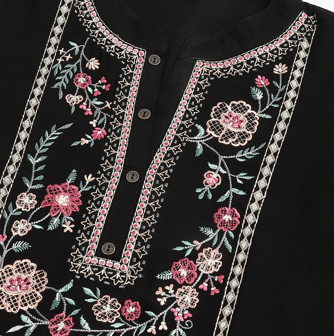 Black Rayon Yoke Embroidered A-line Top - Tarini - Distacart