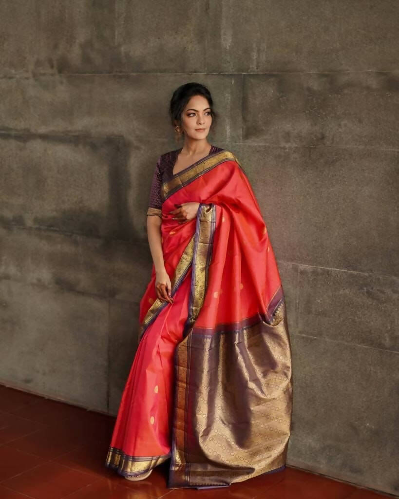 DEIANA'S Beautiful Golden Jari with New Design Soft Lichi Silk Saree - Orange - Distacart