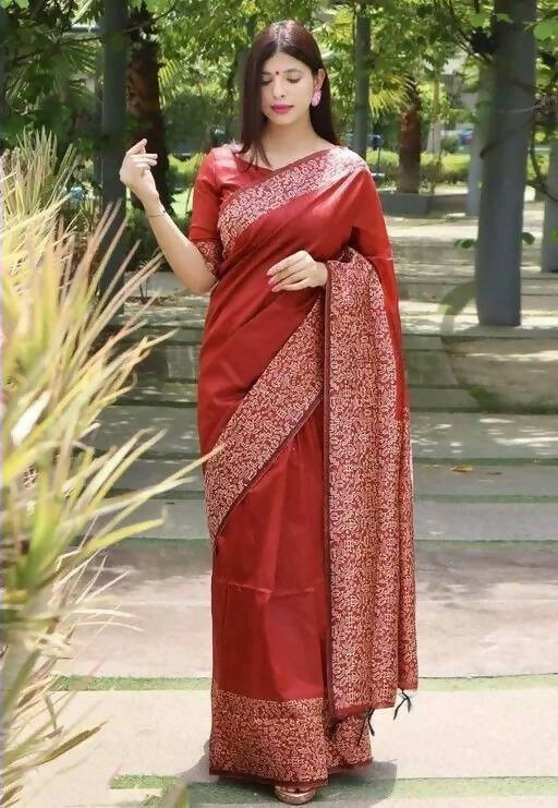 DEIANA'S Beautiful Golden Jari with New Design Soft Lichi Silk Saree - Red - Distacart