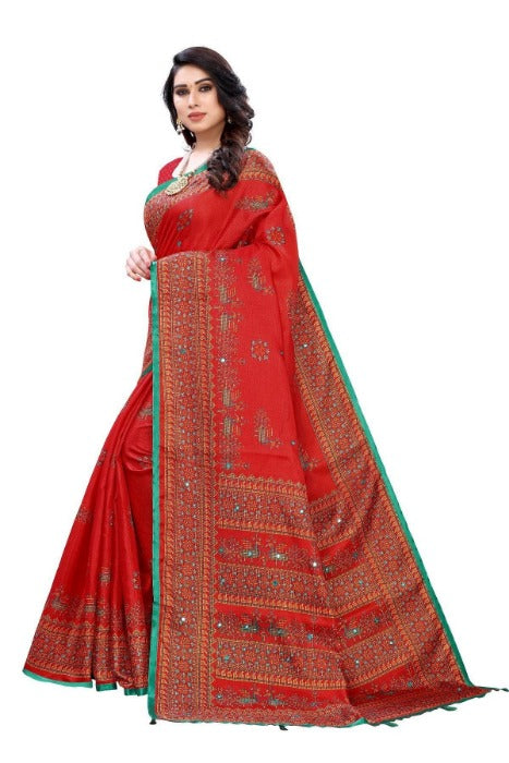 Vamika Red Mirror Work With Jhalar Khadi Silk Sarees