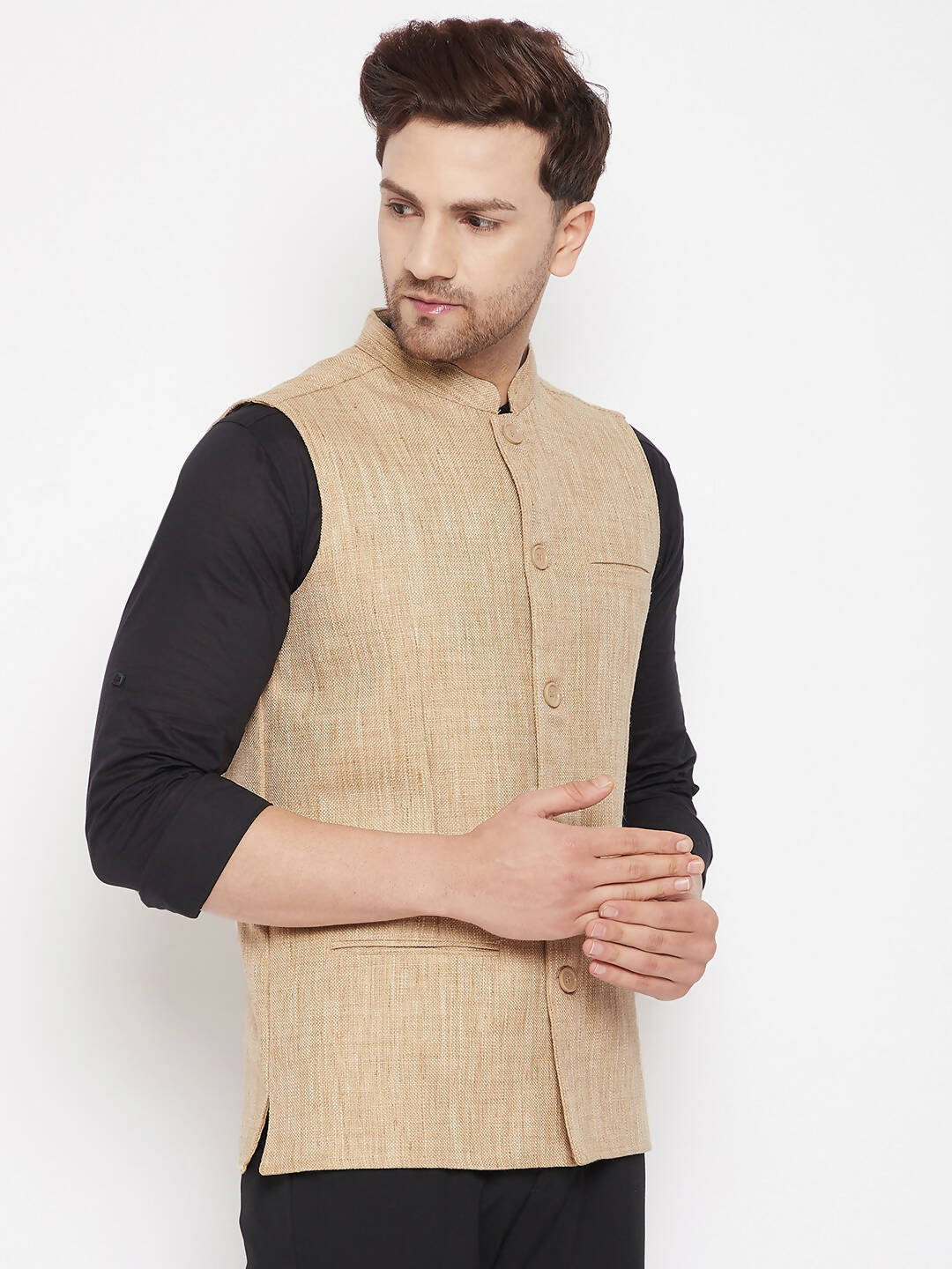 Even Apparels Beige Linen Men Woven Nehru Jacket LN719 - Distacart