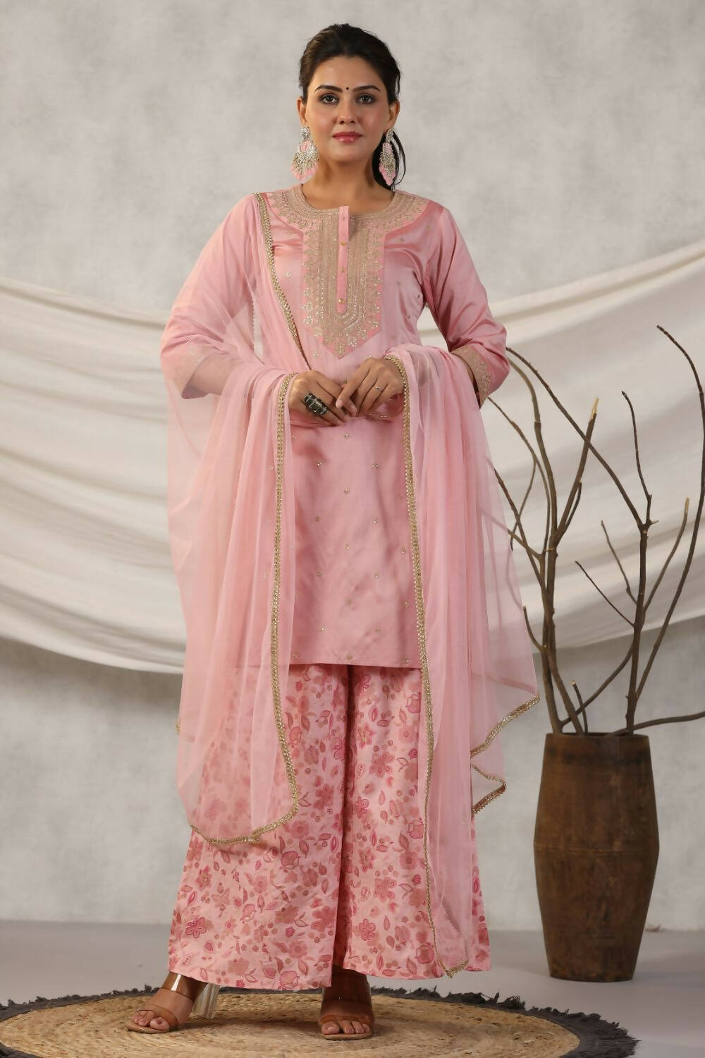 Juniper Women Peach Embroidered Kurta, Pants and Dupatta Set - Distacart