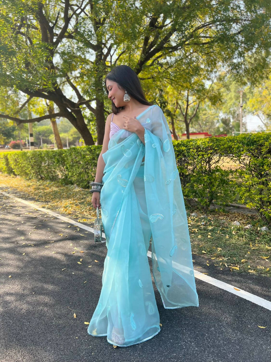 Vastrasky Sky Blue Organza Saree - Distacart