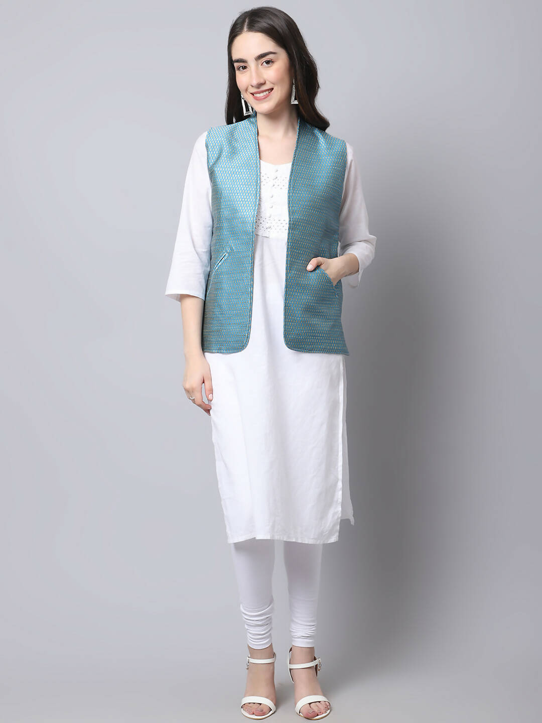 Even Apparels Blue Bansari Silk Open Front Gillet - Distacart