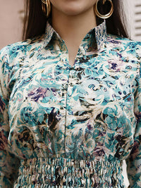 Thumbnail for Sea Green Rayon Floral Printed Top with Matching Bottom - Eesha - Distacart