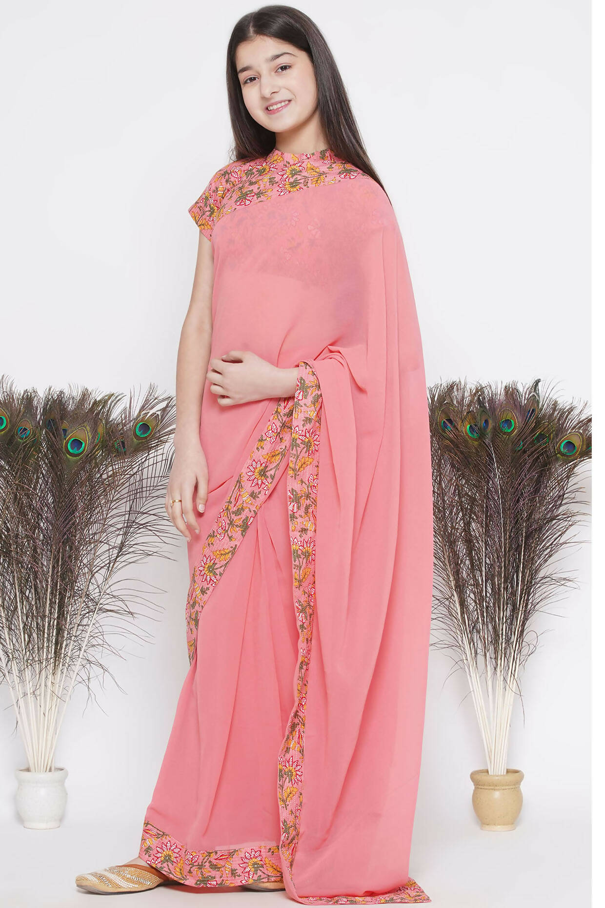 Little Bansi Floral Print Ready To Wear Saree And Floral Blouse - Coral - Distacart
